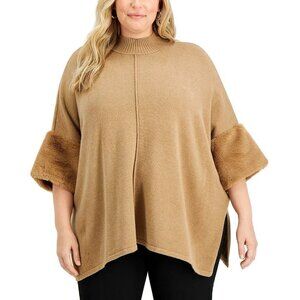 JM Collection Womens Plus Size 1X Faux-Fur-Trim Sweater Poncho Hazelnut $89